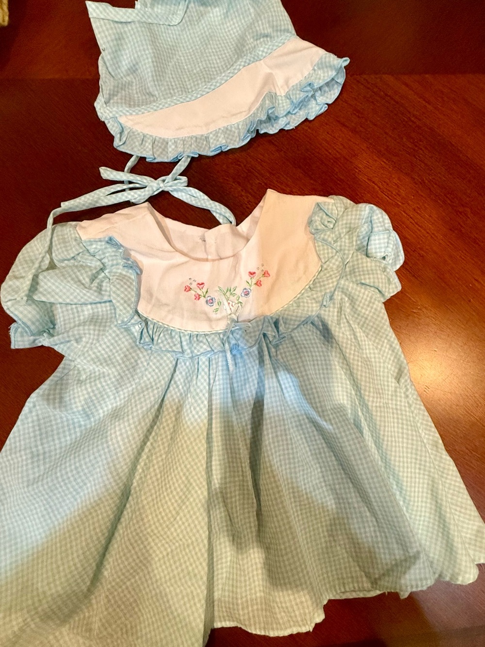 Vintage 1980s Light Blue Gingham Baby Dress with Matching Bonnet